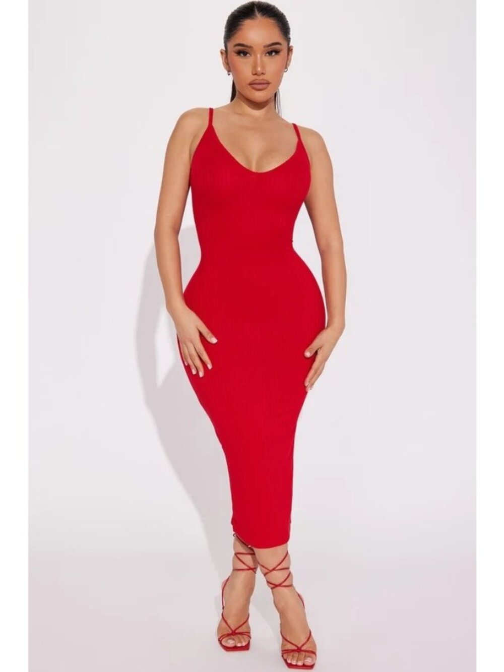 Fashion Nova Midi Dress 3X Red Brenda Ribbed Knit Bodycon Sleeveless Scoop Neck